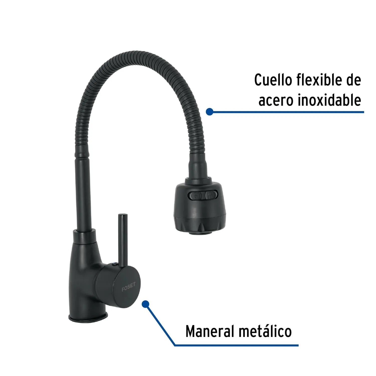 Monomando para fregadero con cuello flexible, negro, Tubig, Foset 47388