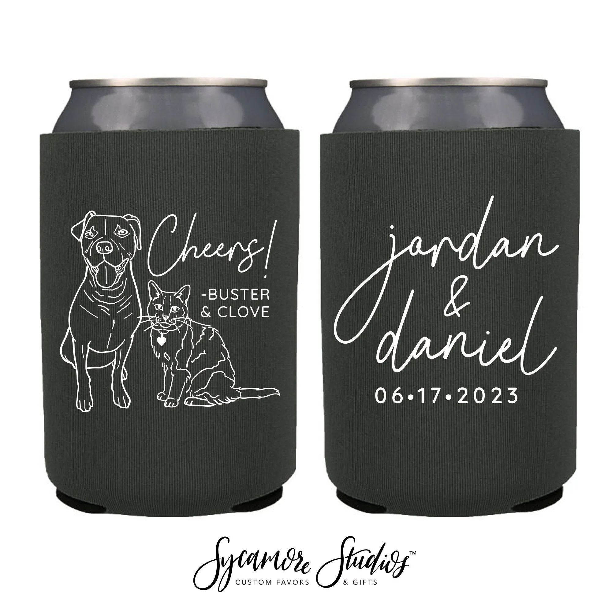 Neoprene Wedding Can Cooler #213N - Custom Pet Illustration
