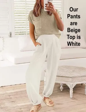 NEW SweatyShark 2 Piece Outfits for Women Sweater Sets Cozy Knit Pullover Crop Tops High Waisted Pants Loungewear Set, Sz M (white top & beige pant)