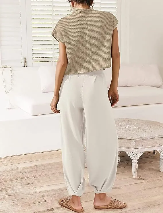 NEW SweatyShark 2 Piece Outfits for Women Sweater Sets Cozy Knit Pullover Crop Tops High Waisted Pants Loungewear Set, Sz M (white top & beige pant)