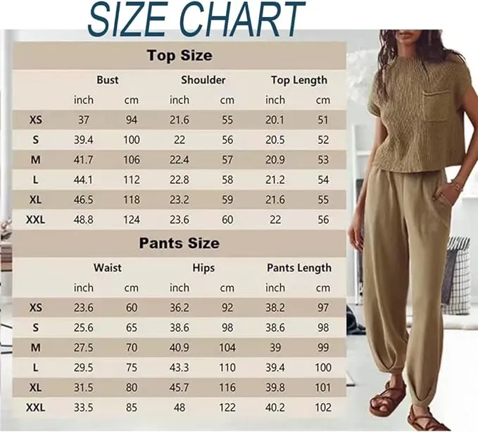 NEW SweatyShark 2 Piece Outfits for Women Sweater Sets Cozy Knit Pullover Crop Tops High Waisted Pants Loungewear Set, Sz M (white top & beige pant)