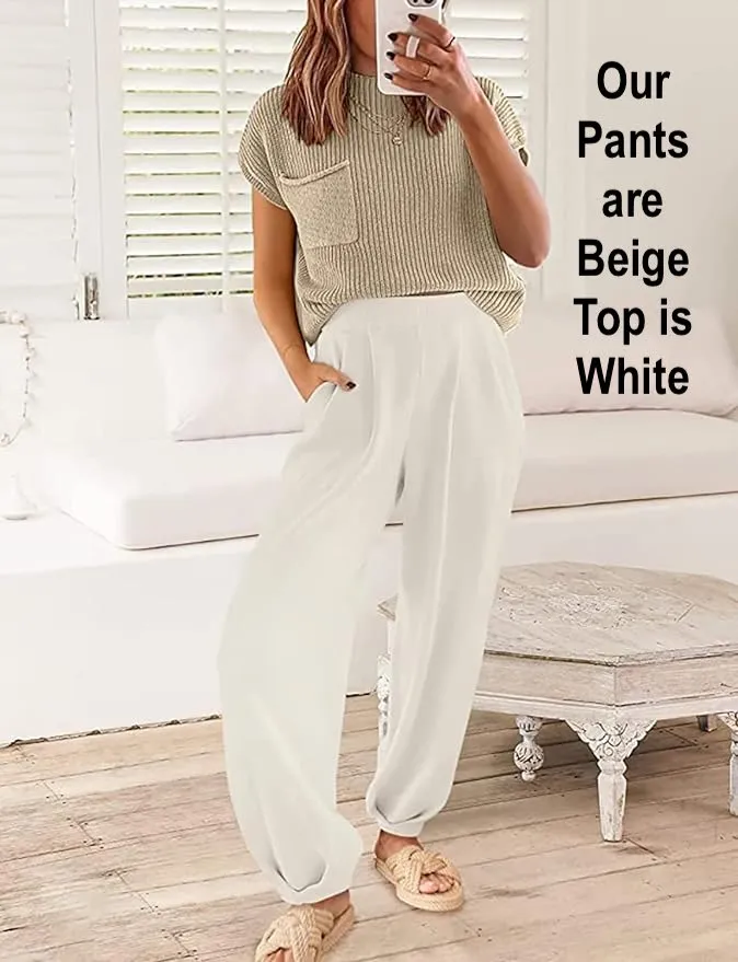 NEW SweatyShark 2 Piece Outfits for Women Sweater Sets Cozy Knit Pullover Crop Tops High Waisted Pants Loungewear Set, Sz M (white top & beige pant)