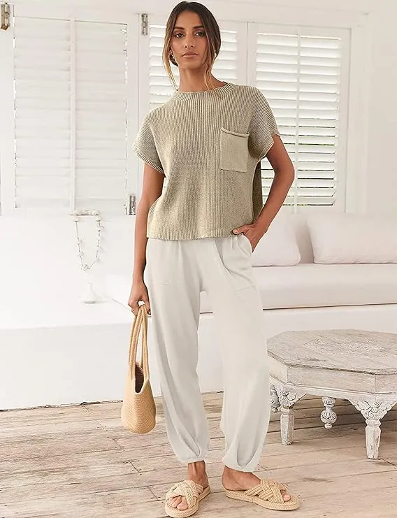 NEW SweatyShark 2 Piece Outfits for Women Sweater Sets Cozy Knit Pullover Crop Tops High Waisted Pants Loungewear Set, Sz M (white top & beige pant)
