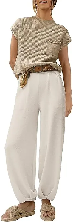 NEW SweatyShark 2 Piece Outfits for Women Sweater Sets Cozy Knit Pullover Crop Tops High Waisted Pants Loungewear Set, Sz M (white top & beige pant)