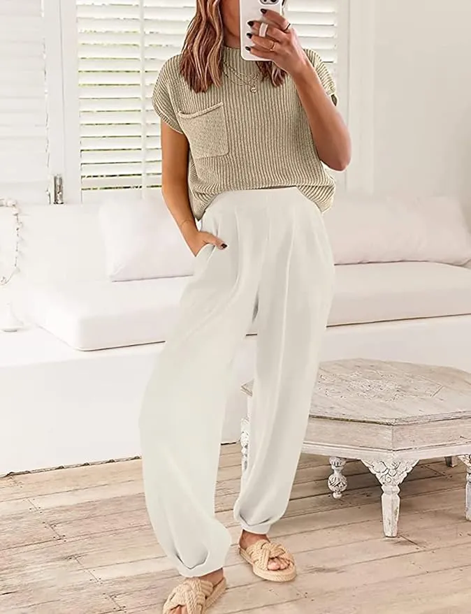 NEW SweatyShark 2 Piece Outfits for Women Sweater Sets Cozy Knit Pullover Crop Tops High Waisted Pants Loungewear Set, Sz M (white top & beige pant)