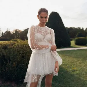 O Neck Long Puff Sleeve Mini Wedding Dresses High/Low Dot Net Tulle Simple