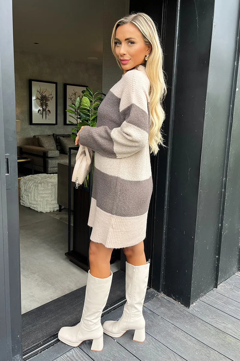 Oatmeal And Brown Striped Knitted Dress