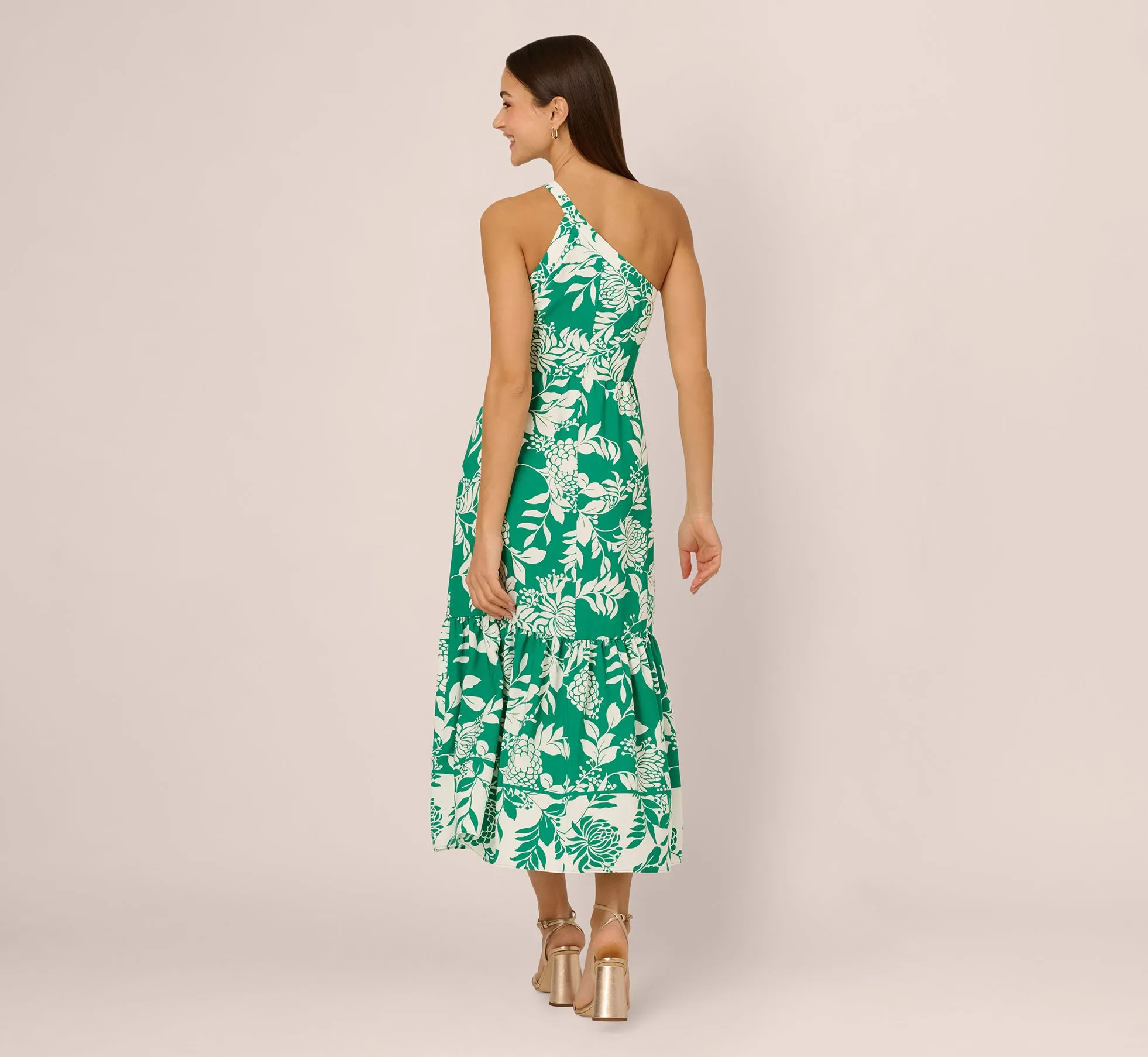 One Shoulder Floral Flounce Midi Dress In Green White