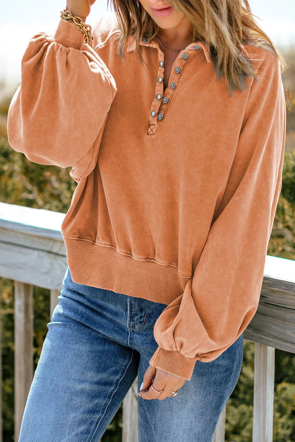 Orange Brown-2 Washed Snap Buttons Lantern Sleeve Pullover Sweatshirt