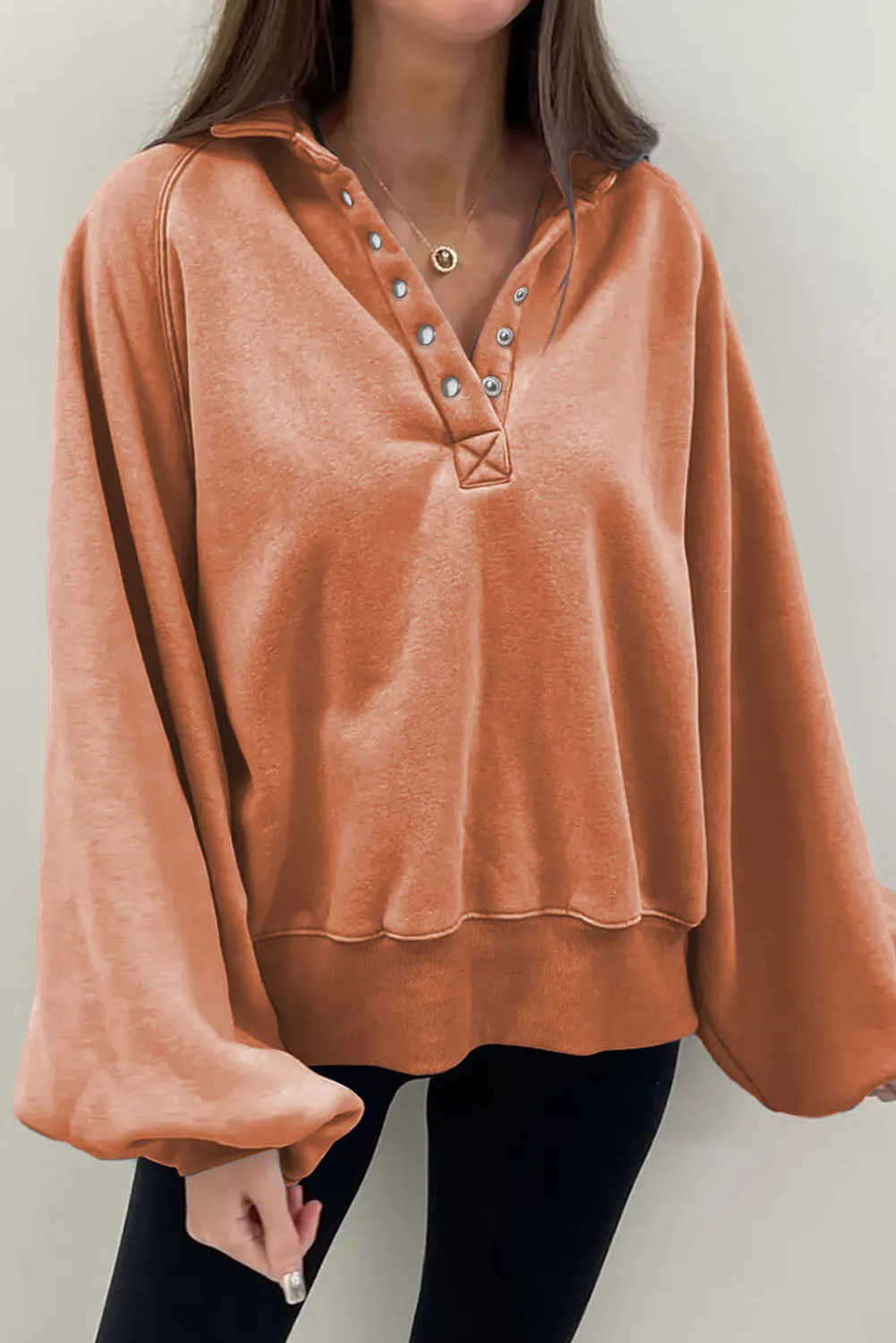Orange Brown-2 Washed Snap Buttons Lantern Sleeve Pullover Sweatshirt