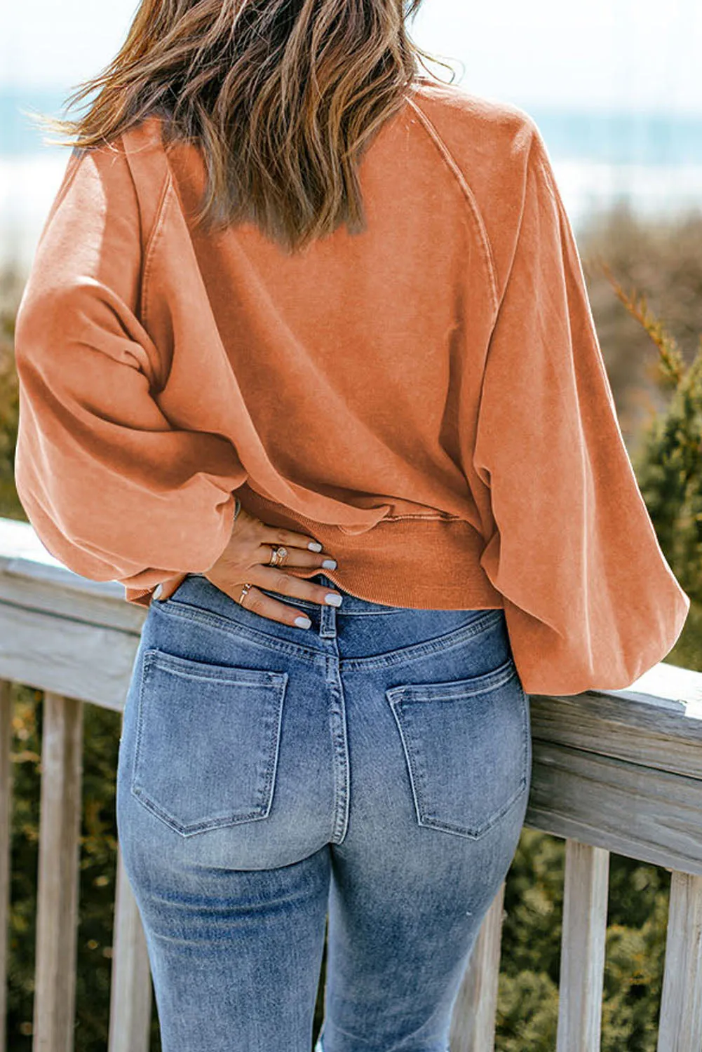 Orange Brown-2 Washed Snap Buttons Lantern Sleeve Pullover Sweatshirt