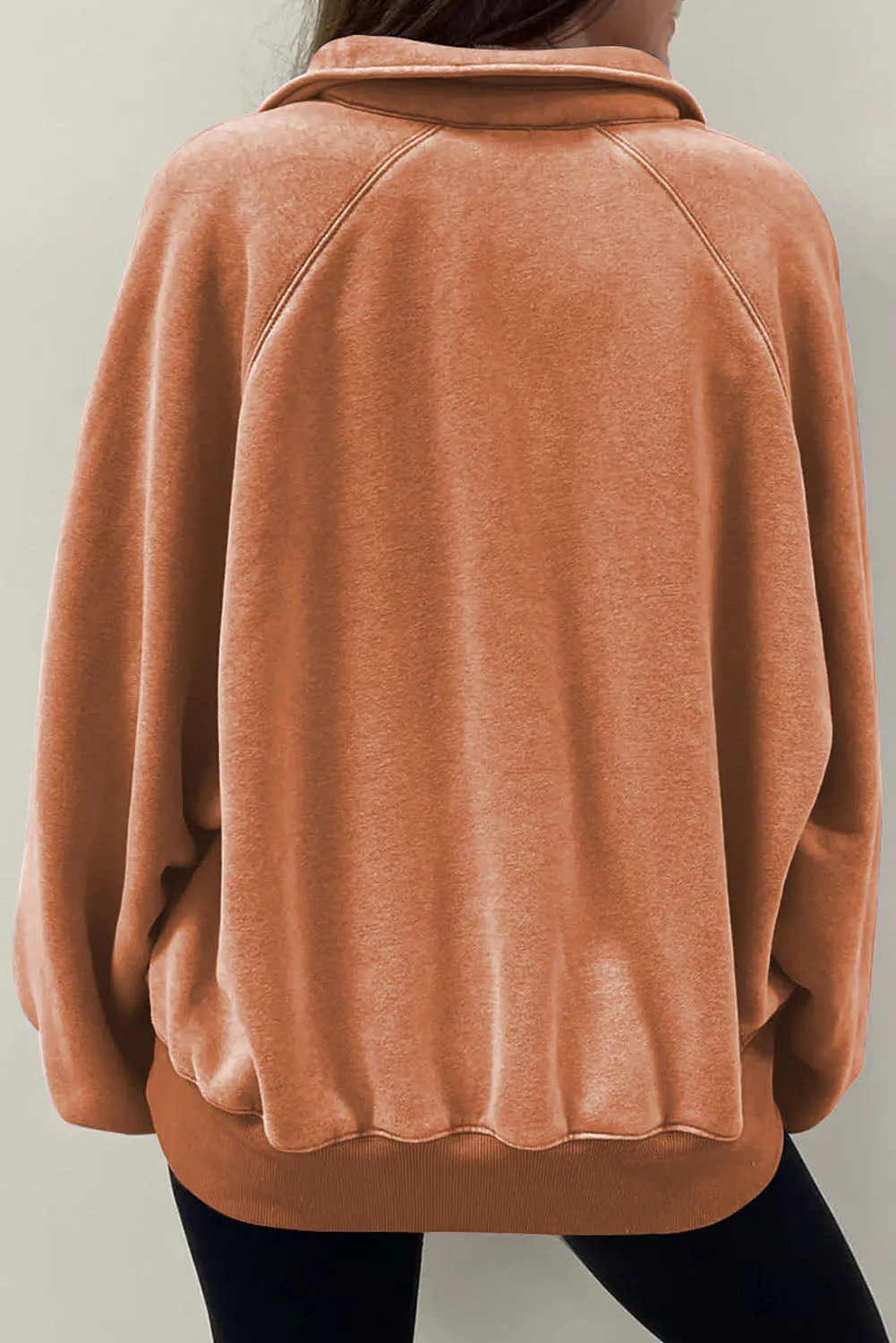 Orange Brown-2 Washed Snap Buttons Lantern Sleeve Pullover Sweatshirt