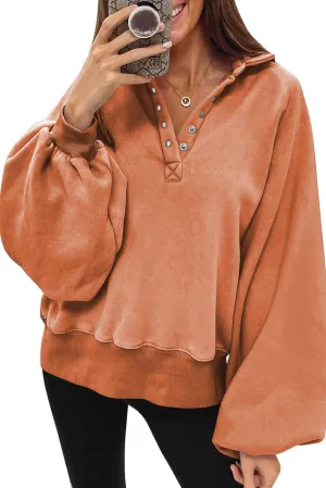 Orange Brown-2 Washed Snap Buttons Lantern Sleeve Pullover Sweatshirt