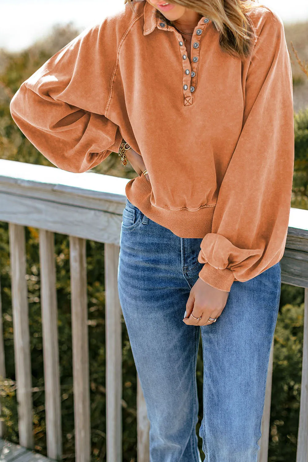Orange Brown-2 Washed Snap Buttons Lantern Sleeve Pullover Sweatshirt