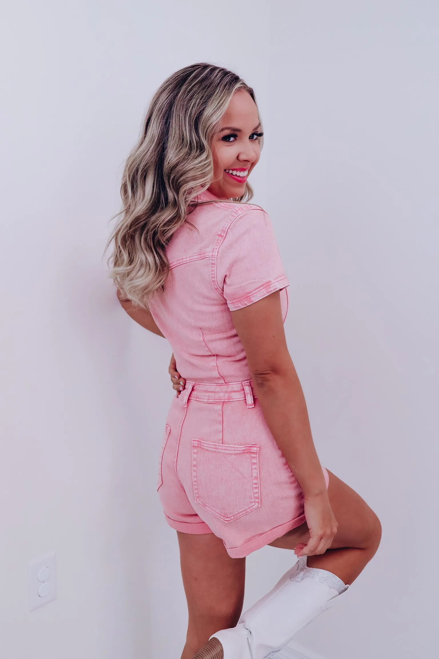 Outlaw Cuffed Denim Romper - Light Pink