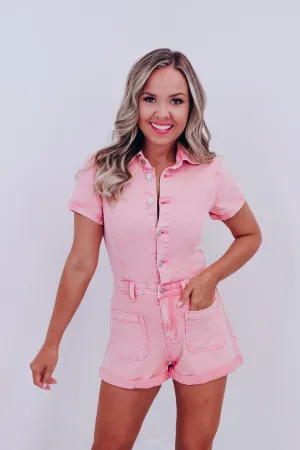 Outlaw Cuffed Denim Romper - Light Pink
