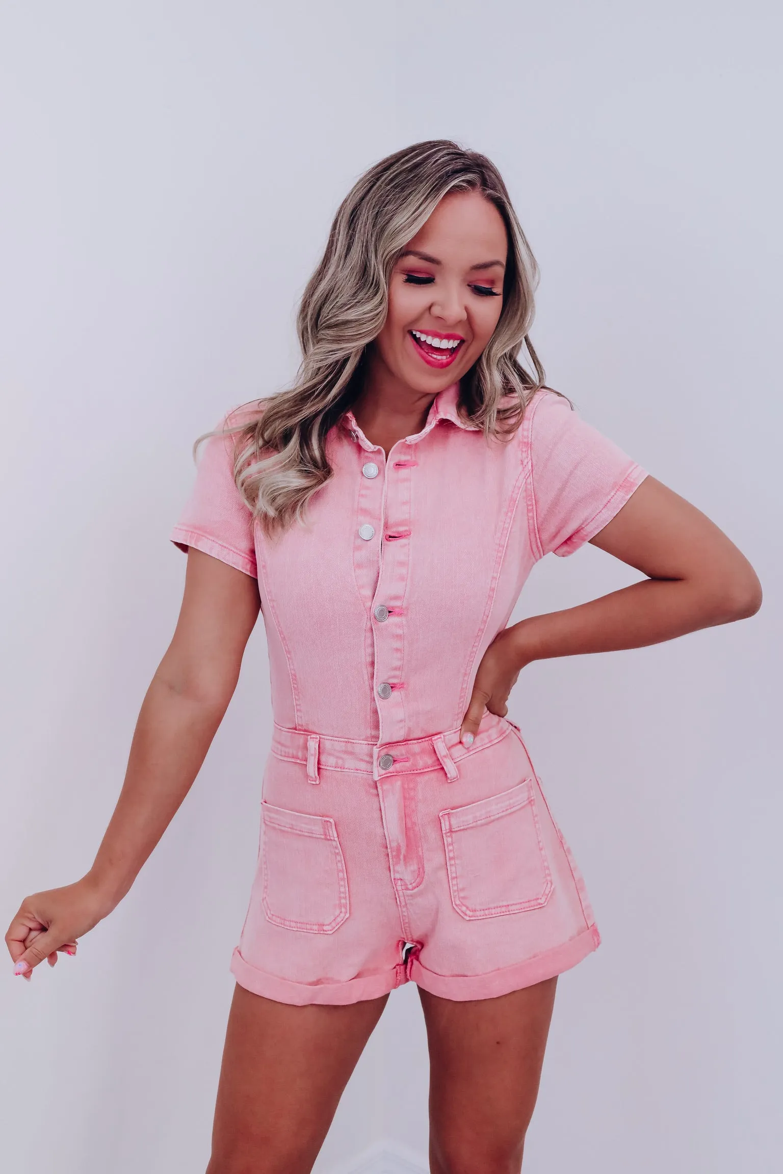 Outlaw Cuffed Denim Romper - Light Pink