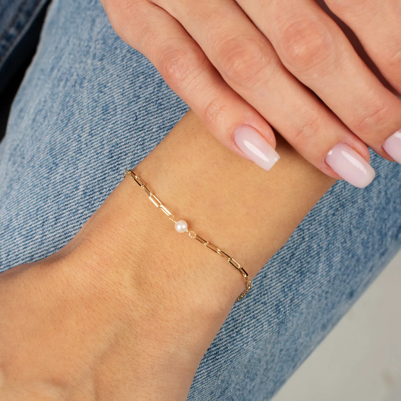 Pearl X Paperclip Bracelet 14K