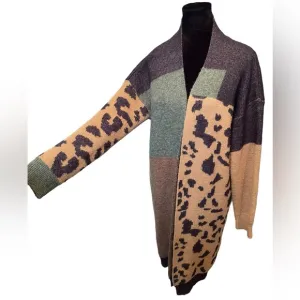 Pilcro Anthropologie Earthy Colorblock Leopard Print Longline Duster Cardigan