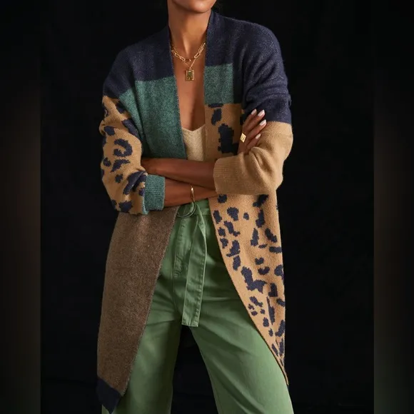 Pilcro Anthropologie Earthy Colorblock Leopard Print Longline Duster Cardigan