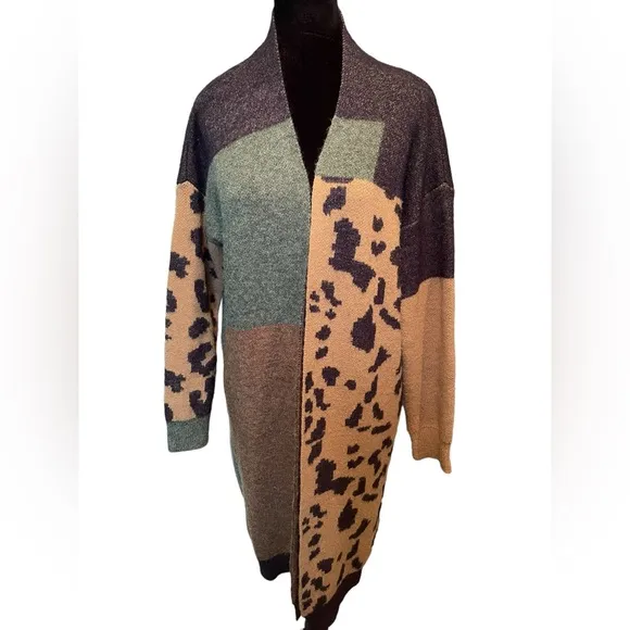 Pilcro Anthropologie Earthy Colorblock Leopard Print Longline Duster Cardigan