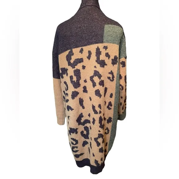 Pilcro Anthropologie Earthy Colorblock Leopard Print Longline Duster Cardigan
