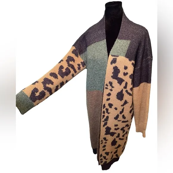 Pilcro Anthropologie Earthy Colorblock Leopard Print Longline Duster Cardigan
