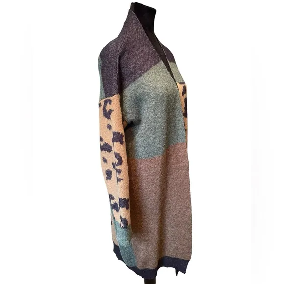 Pilcro Anthropologie Earthy Colorblock Leopard Print Longline Duster Cardigan