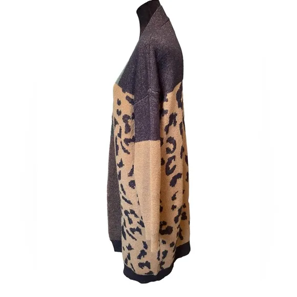 Pilcro Anthropologie Earthy Colorblock Leopard Print Longline Duster Cardigan