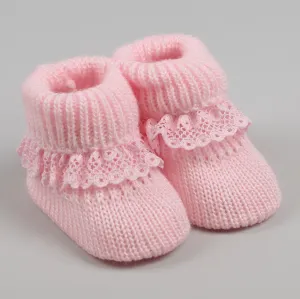 Pink Baby knitted Booties with lace Newborn to 6 months