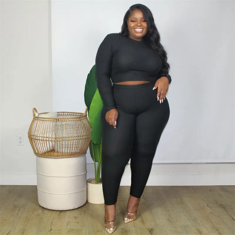 Plus Size Ribbed Long Sleeve Two Piece Set