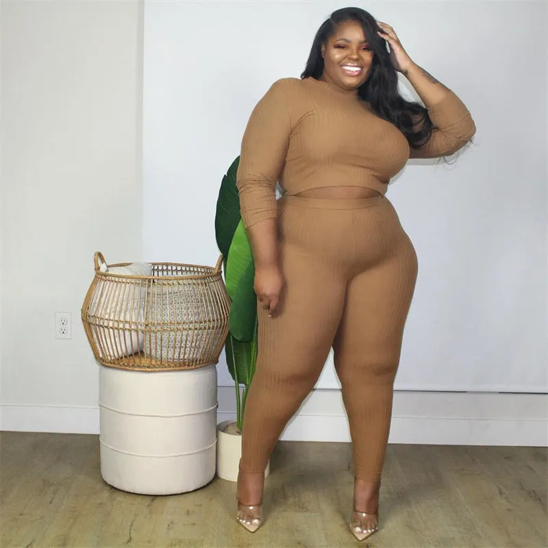 Plus Size Ribbed Long Sleeve Two Piece Set