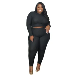 Plus Size Ribbed Long Sleeve Two Piece Set