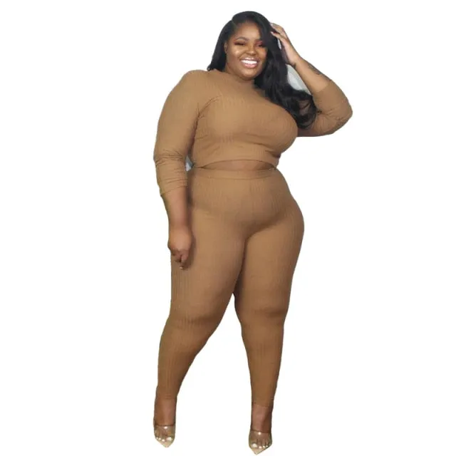 Plus Size Ribbed Long Sleeve Two Piece Set