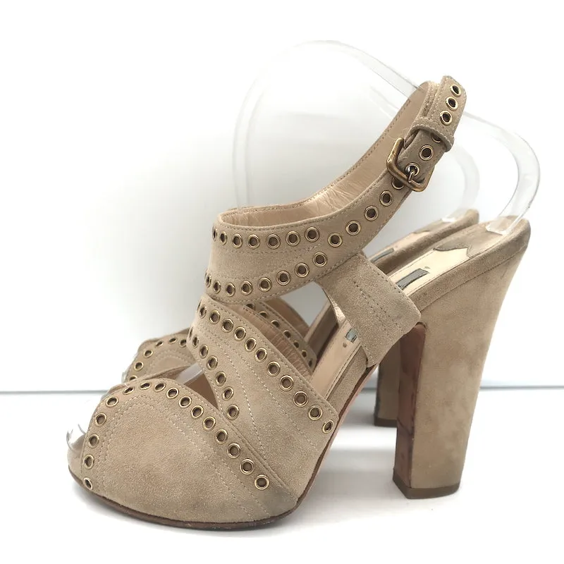 Prada Grommet-Trimmed Peep Toe Sandals Beige Suede Size 38 Slingback Heels