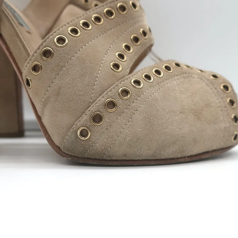 Prada Grommet-Trimmed Peep Toe Sandals Beige Suede Size 38 Slingback Heels