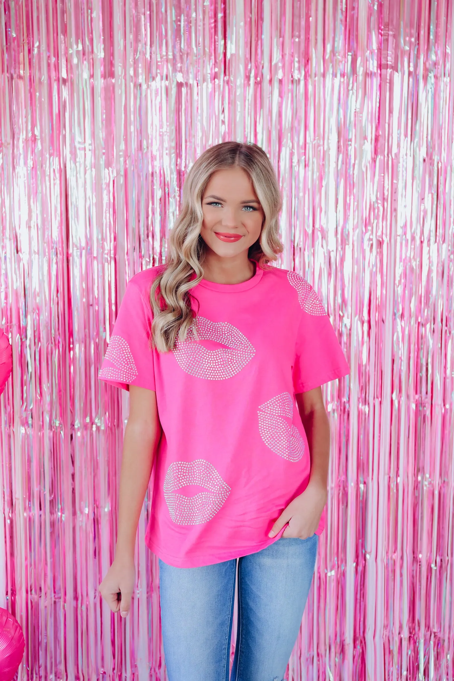 "Hot Lips" Rhinestone Graphic Tee  - Hot Pink