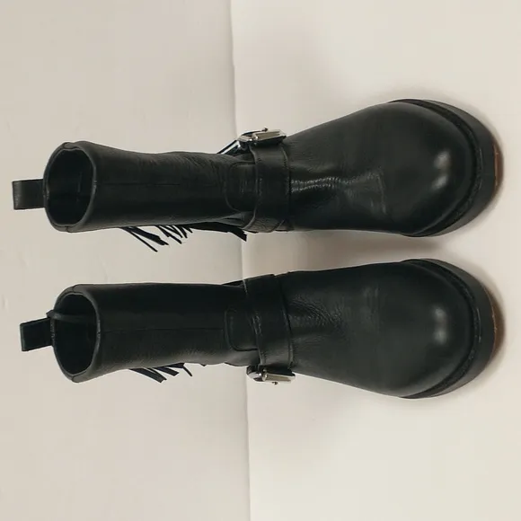 Rebecca Minkoff Sanura Booties 6.5 Black Western Leather Fringe Buckle Moto