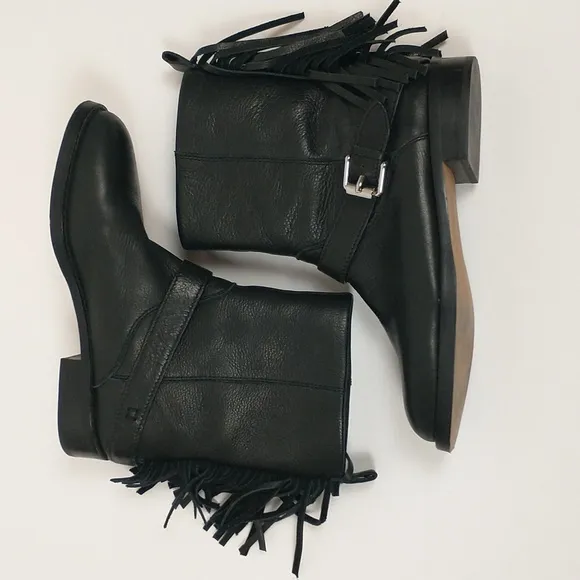 Rebecca Minkoff Sanura Booties 6.5 Black Western Leather Fringe Buckle Moto