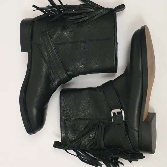 Rebecca Minkoff Sanura Booties 6.5 Black Western Leather Fringe Buckle Moto