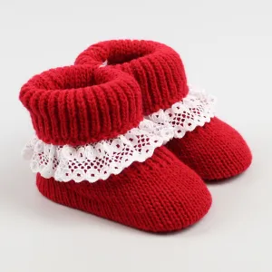 Red Baby knitted Booties with lace Newborn to 6 months