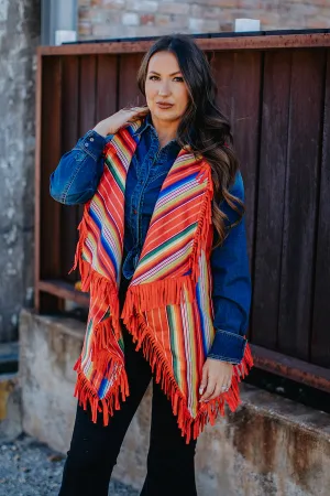 Red Serape Faux Suede Vest with Fringe