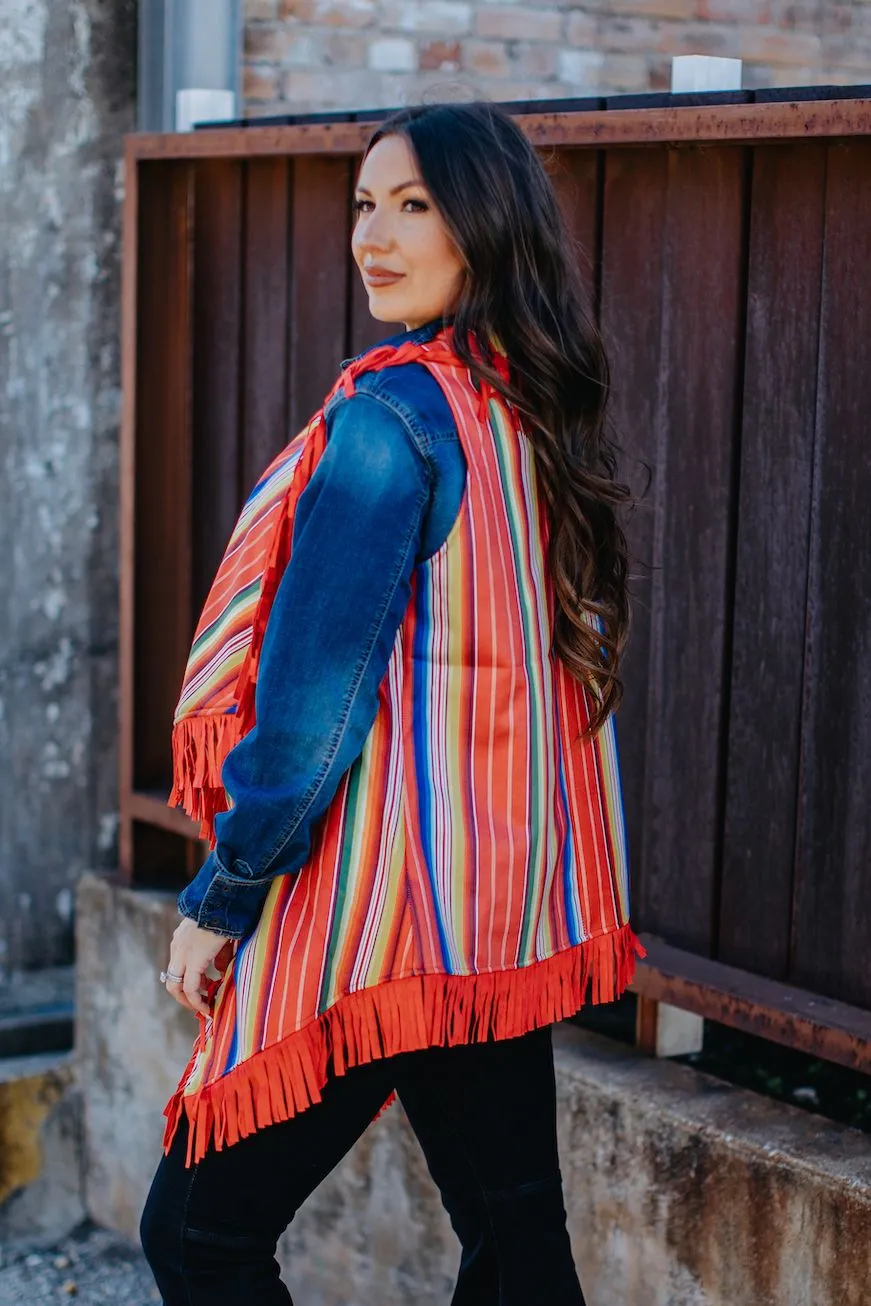 Red Serape Faux Suede Vest with Fringe