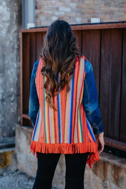 Red Serape Faux Suede Vest with Fringe