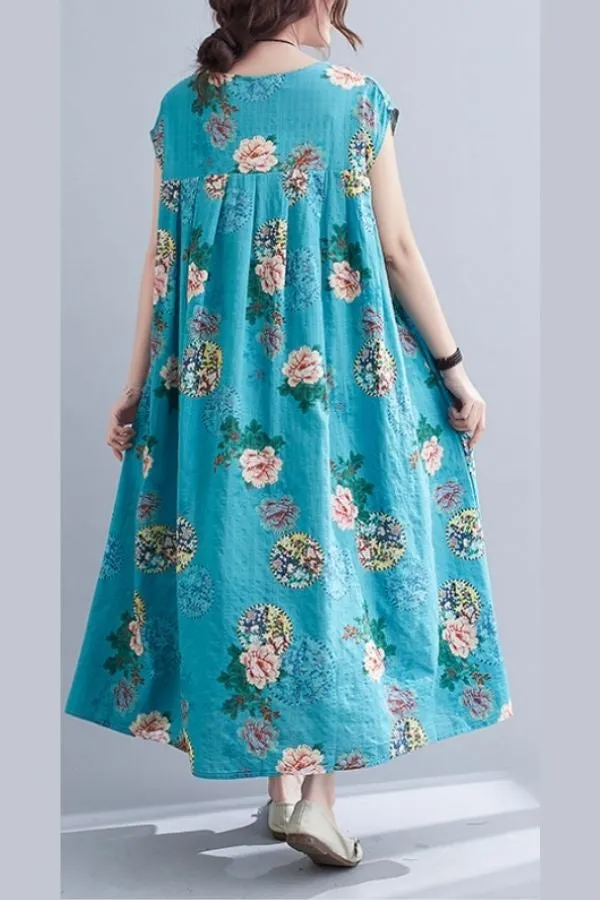 Round Neck Floral Printed Maxi Dress