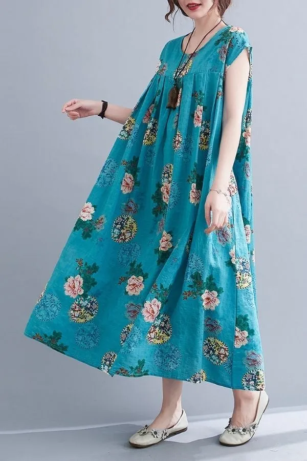 Round Neck Floral Printed Maxi Dress