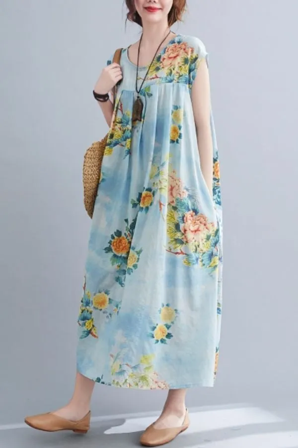 Round Neck Floral Printed Maxi Dress