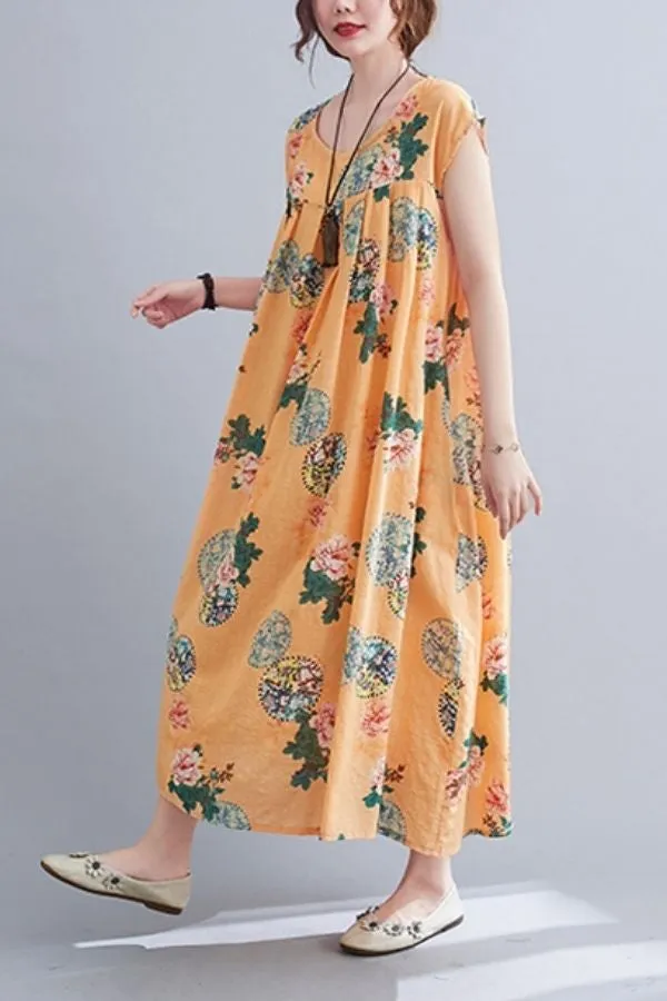 Round Neck Floral Printed Maxi Dress