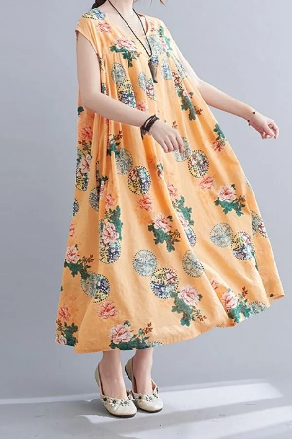 Round Neck Floral Printed Maxi Dress