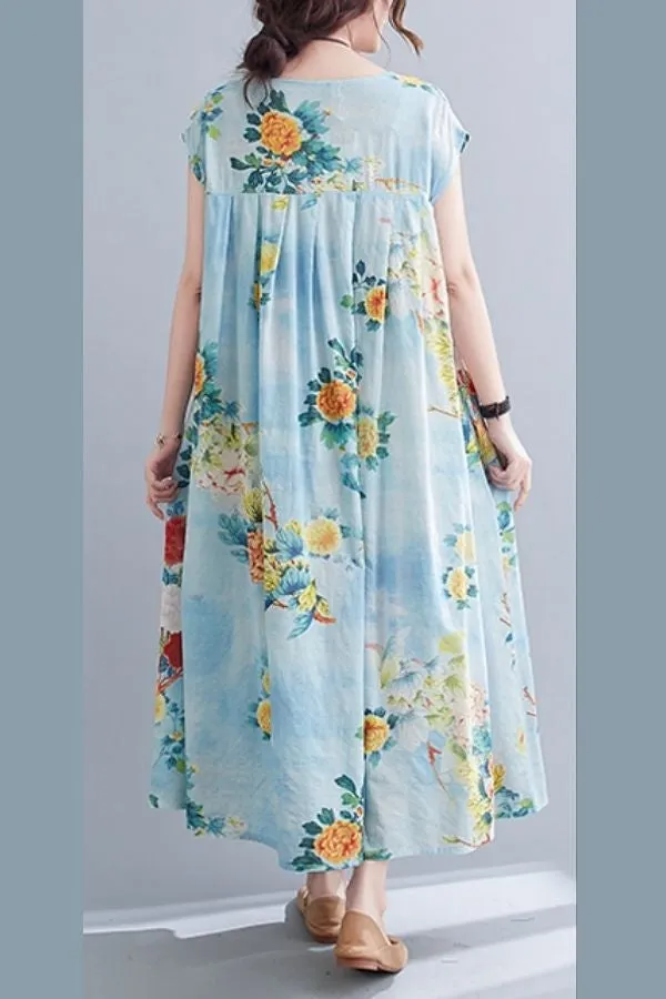 Round Neck Floral Printed Maxi Dress
